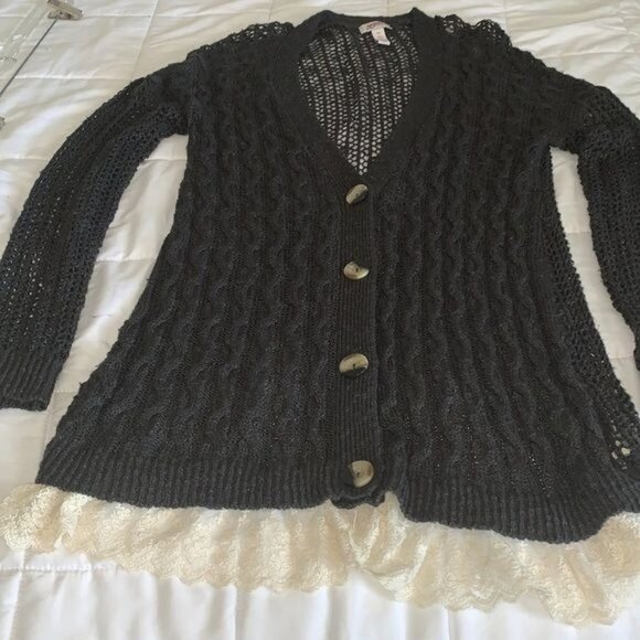 Arizona Jeans Sweaters - Arizona Jeans Black Knit Lace Hem Cardigan Sweater XXL